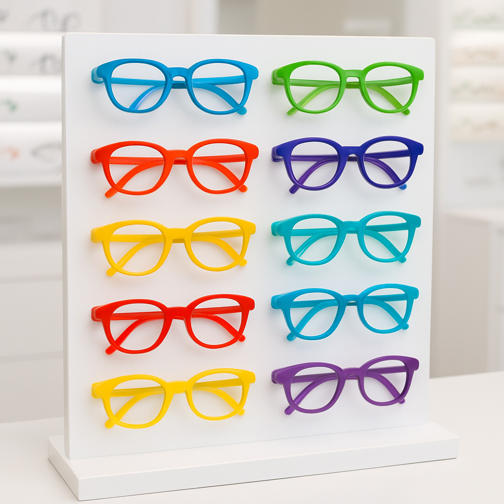 Colourful children's eyeglass frames on a bright retail stand