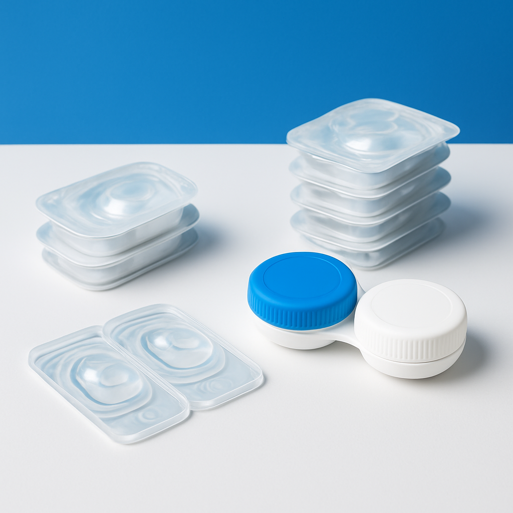Contact lens cases and blister packs on a clean surface