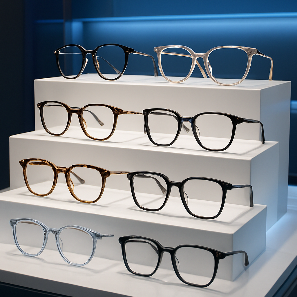 Collection of designer prescription eyeglasses on a retail display