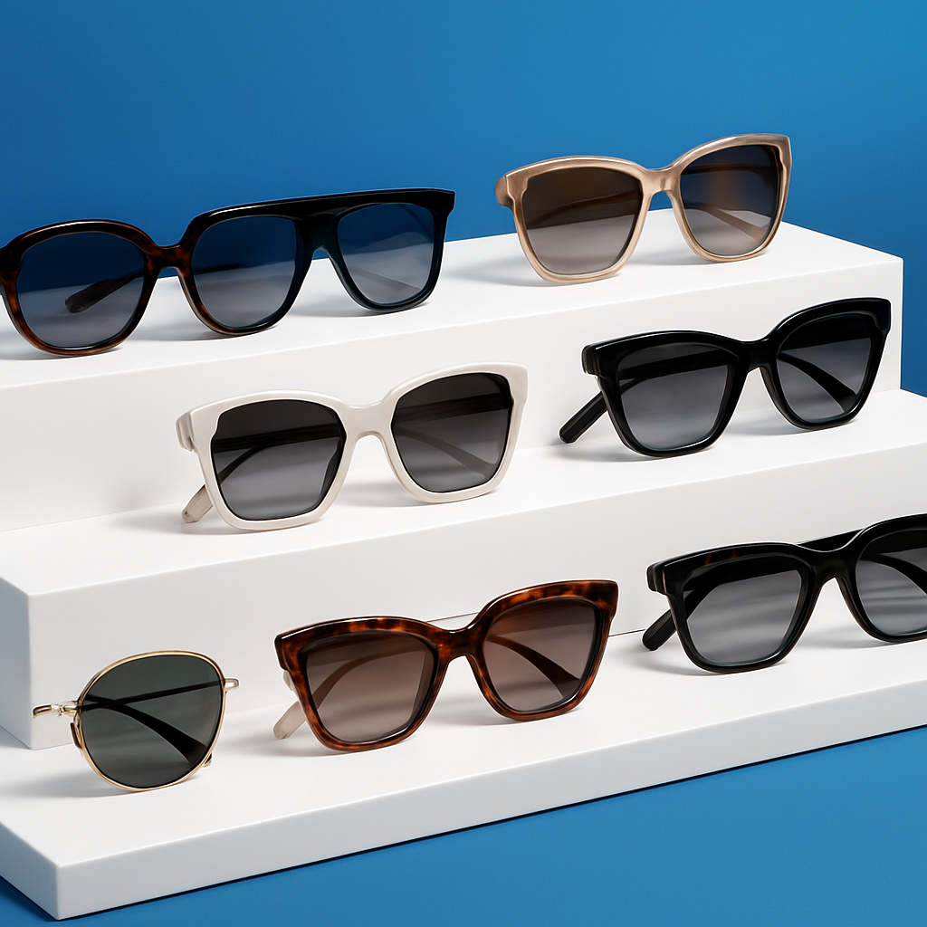 Designer sunglasses collection displayed in an optical boutique